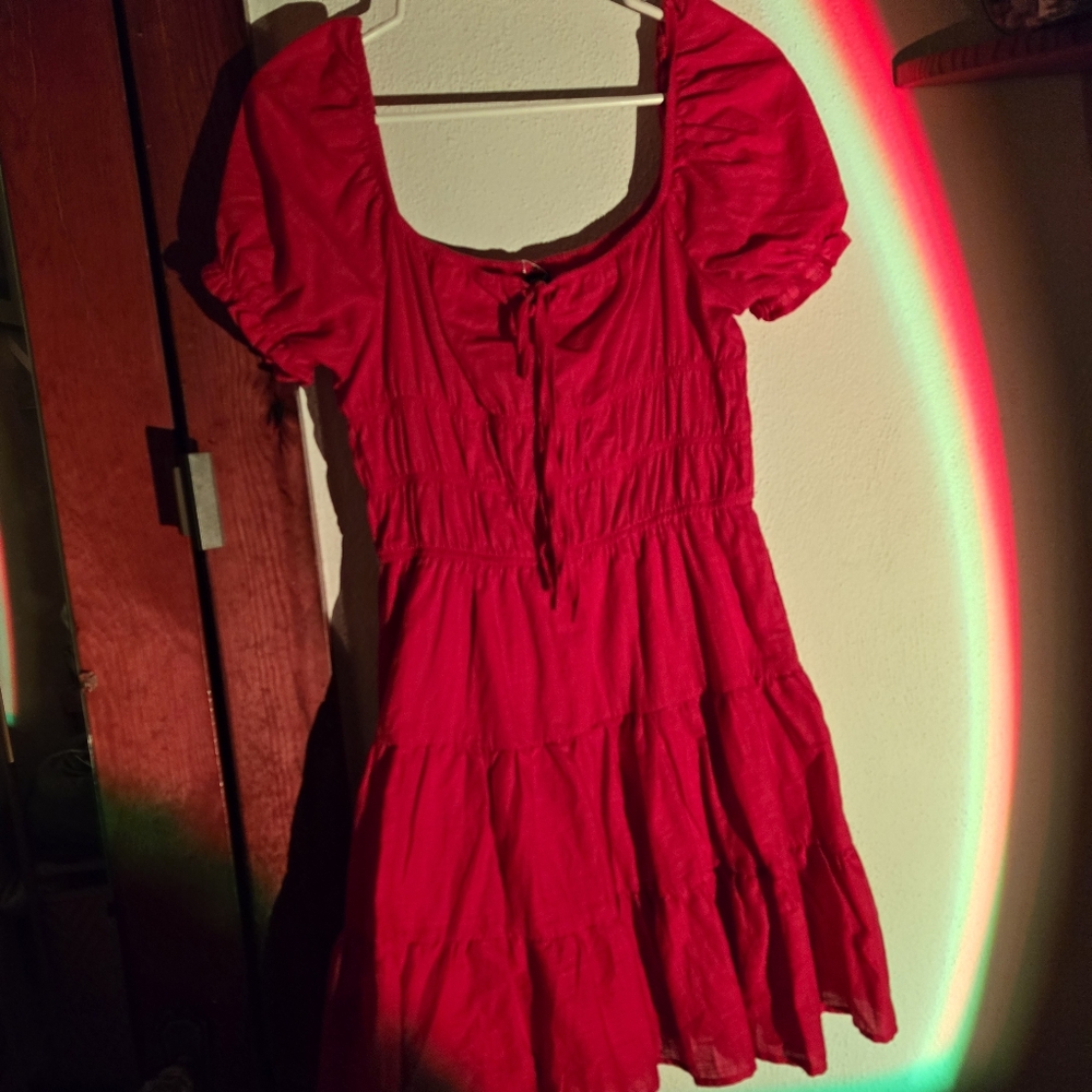 Red flare milkmaid ruched short puff sleeve linen dress